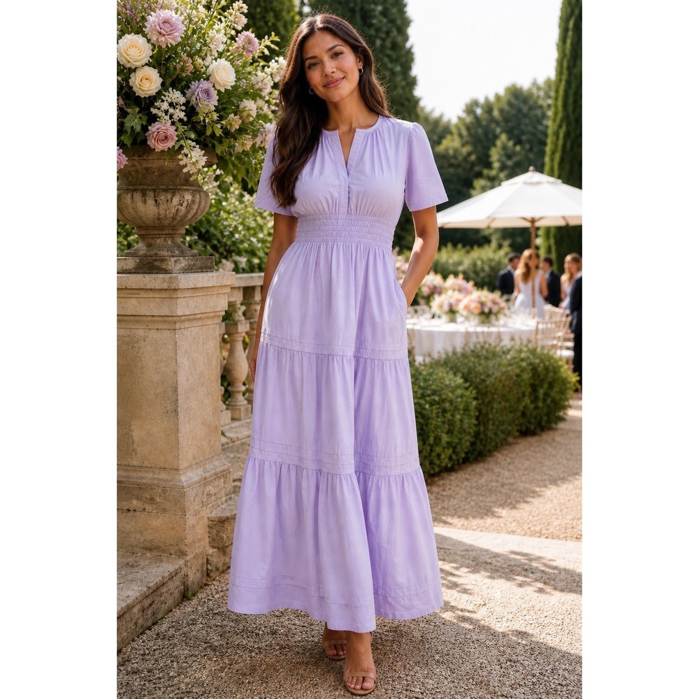 Quince Organic Cotton Poplin Tiered Maxi Dress Pastel Lilac M NWT Boho MSRP $69